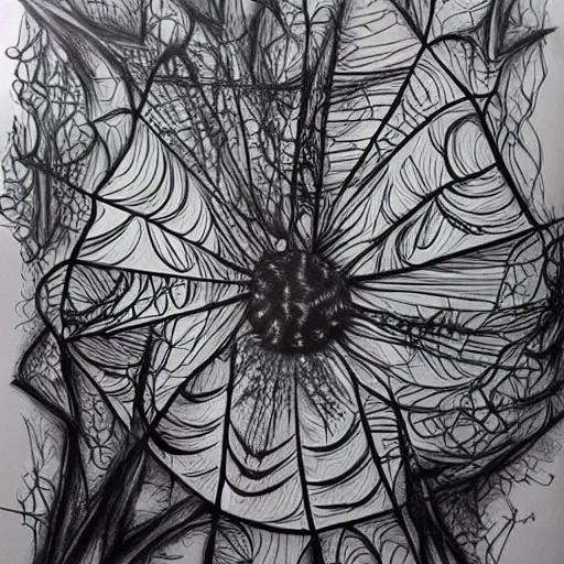 Prompt: macabre charcoal drawing of webs in a flower by jeremiah ketner | horror themed | creepy