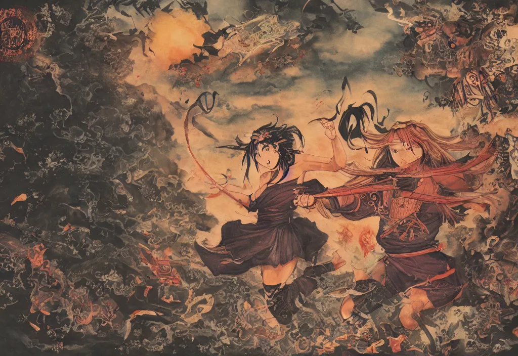 Prompt: anime samurai girl running away from a demon in the realm of hades, peter brueghel the elder, wangechi mutu, instax, shot at 7 0 mm, vintage, 8 k resolution, surround light, rtx light, octa - render