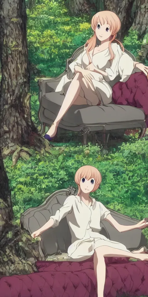 Image similar to a single queen sitting by herself on a sofa in a forest, drawn by CloverWorks, elegant, beauty, nurturing