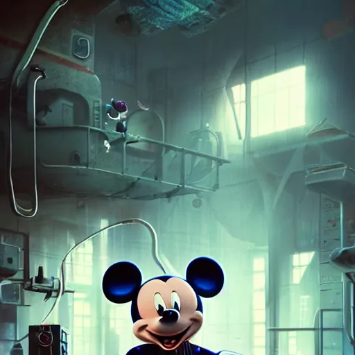 Image similar to mechanics fixing bloody mickey mouse head, mechanic facility, made by beeple, cgsociety, artgerm, greg rutkowski, highly detailed intricate 4 k art, low light cinematic, octane render, unreal engine,