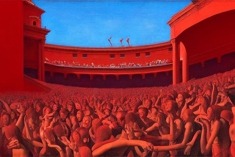 Image similar to only with red, a red great emperor, taormina amphitheatre, crowd with big smile, in the style of beksinski, parts by edward hopper, parts by rodcenko, parts by yue minjun, intricate and epic composition, red by caravaggio, insanely quality, highly detailed, masterpiece, red light, artstation, 4 k