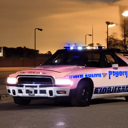 Image similar to candid nighttime photo of a county sheriff livery police car dodge charger parked in an empty parking lot at night dark midnight