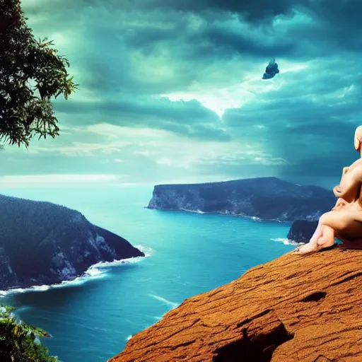 Image similar to a huge war monk sitting on a giant cliff, beautiful scenery, digital masterpiece