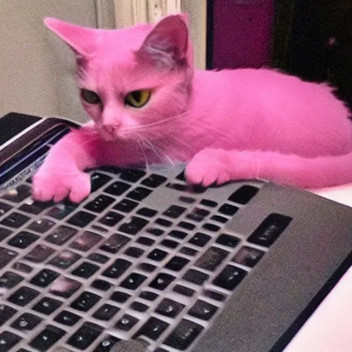 Prompt: a pink cat using a laptop full of twitter stickers