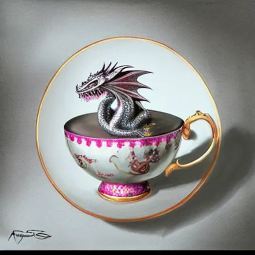 Image similar to tiny jeweled dragon sitting in a teacup, painting by artgerm