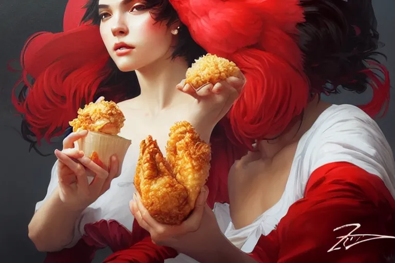 Image similar to kfc chicken, portrait, elegant, intricate, digital painting, artstation, concept art, smooth, sharp focus, illustration, art by artgerm and greg rutkowski and alphonse mucha