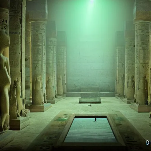 Image similar to hundreds of frogs inside an ancient Egyptian palace, cinematic lighting, dramatic angles, ultra detailed