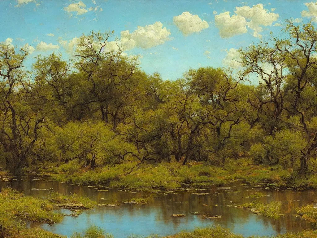 Image similar to a beautiful texas wilderness landscape, springtime morning, by julian onderdonk, oil on canvas, luminism, hyperrealism