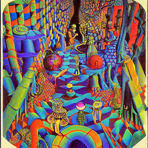 Image similar to a maddeningly colorful, psychedelic strange world of alice in wonderland by mc escher