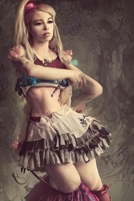 Image similar to Beautiful female, full body, Alice in wonderland, punk rock, piercings, tattoos, skirt, midriff, dramatic lighting, cinematic, establishing shot, extremely high detail, foto realistic, cinematic lighting, post processed, concept art, high details, cinematic, 8k resolution, beautiful detailed, photorealistic, digital painting, artstation, concept art, smooth, sharp focus, artstation trending, octane render, unreal engine