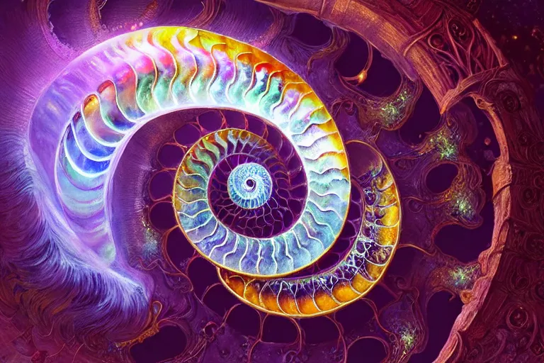 Image similar to portrait of a fractalized ammonite, filigree, delicate, highly detailed, beautiful opalescent colours, unreal engine, fantasy art by greg rutkowski, rhads, ferdinand knab, makoto shinkai and lois van baarle, ilya kuvshinov, rossdraws, tom bagshaw, global illumination, radiant light,