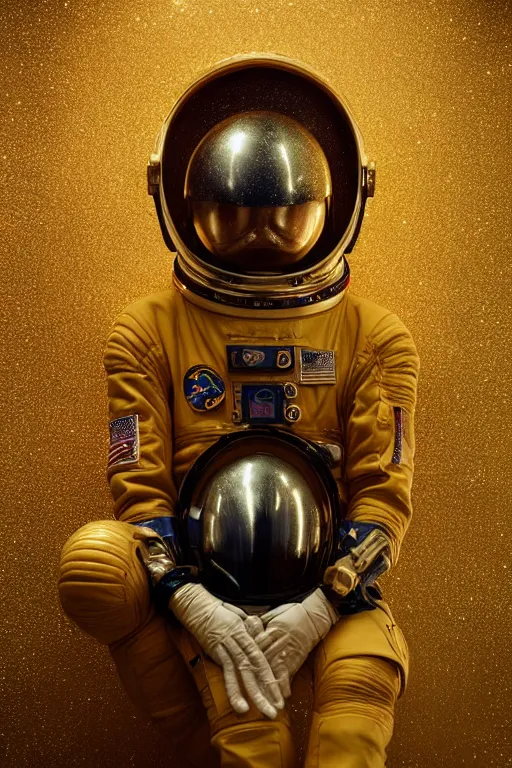 Prompt: extremely detailed studio portrait of space astronaut, helmet off, helmet on lap, full body, soft light, golden glow, award winning photo by michal karcz and yoshitaka amano