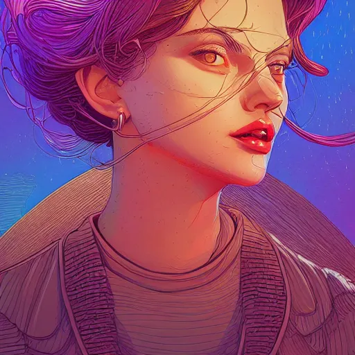 Image similar to a beautiful detailed line art illustration centered character portrait glamour shot of an attractive female biting her lip, centered, by dan mumford and moebius and paul lehr and beeple, trending on artstation, plain background, photoreal, 8 k, 3 d sculpture, unreal engine