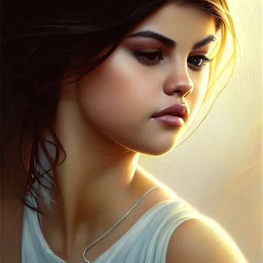 Prompt: beautiful portrait of selena gomez, natural beauty expressive pose, fantasy, intricate, elegant, highly detailed, digital painting, artstation, concept art, smooth, sharp focus, illustration, art by artgerm and greg rutkowski and alphonse mucha