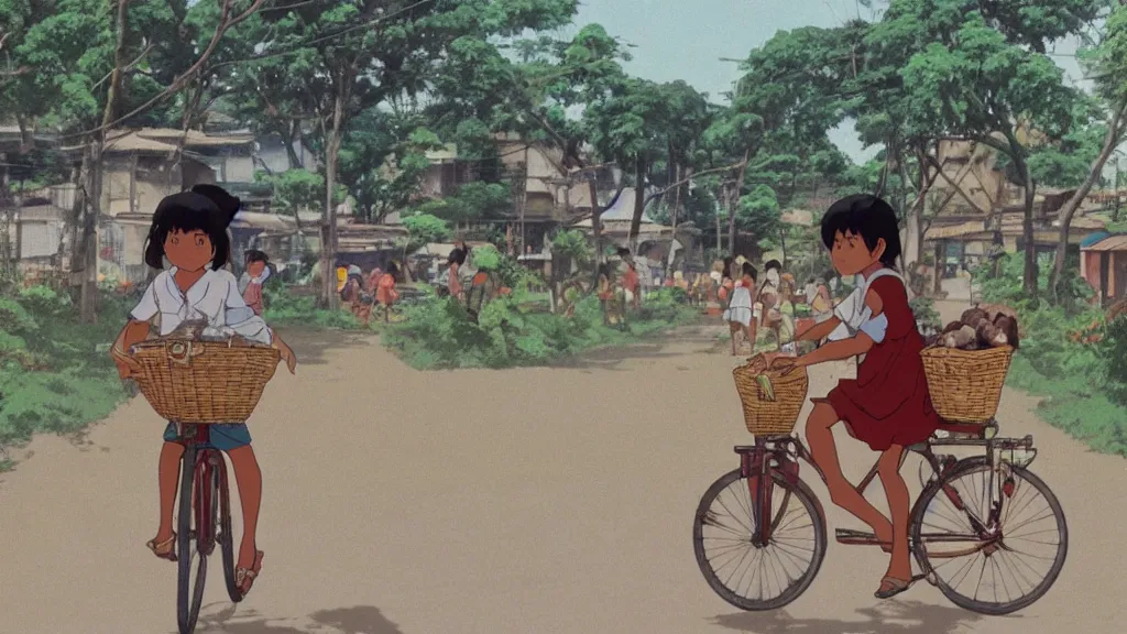 Image similar to a young girl riding a bike with a basket in a small town, 1970s philippines, art by hayao miyazaki, studio ghibli film, hi res, 4k, perfect face, wide shot