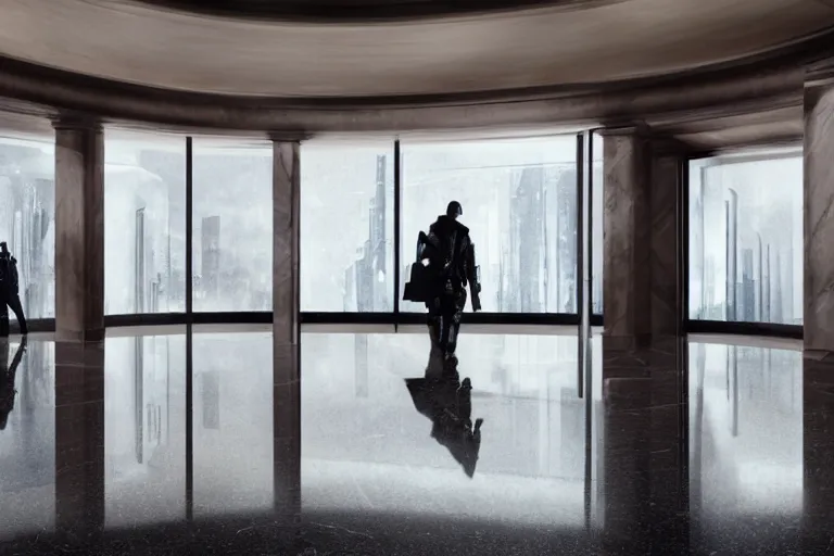 Image similar to Bank interior elegant bank fancy white marble flooring reflective. blade runner 2049 movie still. robbery in progress. cyberpunk man red leather jacket carrying duffle bag holding shotgun. 2017 movie still 35mm wide angle lens