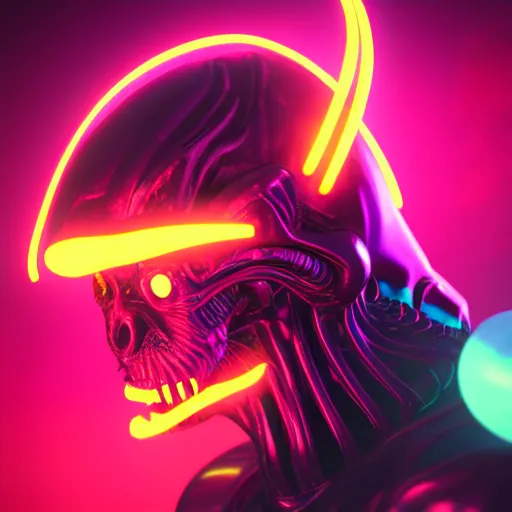 Image similar to synthwave demonic alien face with neon horns, detailed face, sharp focus, synthwave art, aesthetic, octane render, raw, cinematic