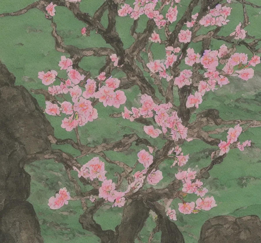 Prompt: a peach blossom in the mountains, studio ghibli style