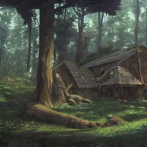 Image similar to concept art painting of houses made out of trees, in a deep forest, realistic, detailed, cel shaded, in the style of makoto shinkai and greg rutkowski and james gurney