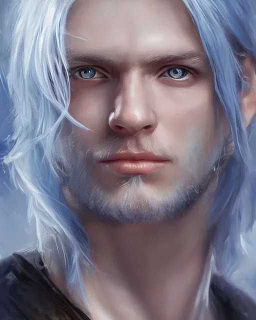 Prompt: a beautiful male, 8 k, hyperrealistic, hyperdetailed, white hair, blue eyes, fantasy portrait by laura sava