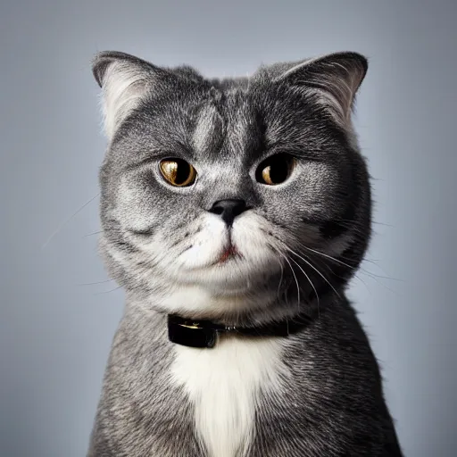 Image similar to front portrait photo of scottish fold cat wearing a black military hat, pure grey fur, world champion cat, highly detailed, high resolution, cosplay photo, stunning, bokeh soft, trending on instagram, by professional photographer, soldier clothing, american military uniform, shot with a canon