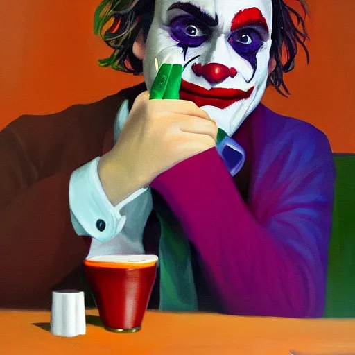 Prompt: joaquin phoenix joker at at diner, smoking a cigarette, oil painting