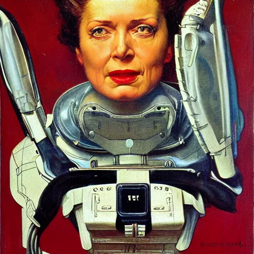 Image similar to Frontal portrait of a crazy sci-fi woman. A painting by Norman Rockwell.