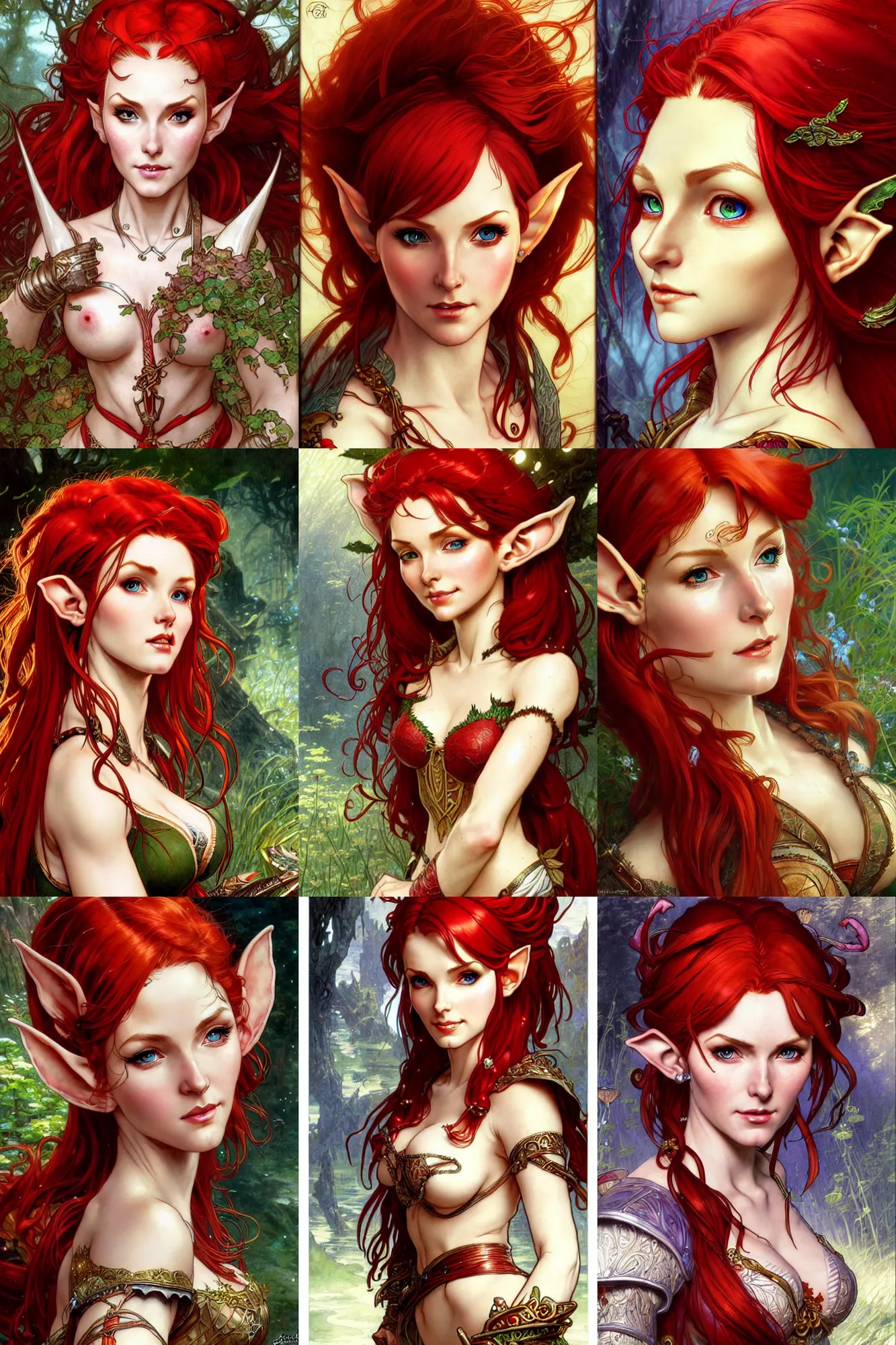 Prompt: alluring highly detailed close-up portrait of beautiful elf Triss with red hair wearing a fantasy outfit, very detailed, realistic, manga, pen and ink, by Stanley Artgerm Lau, greg rutkowski, thomas kindkade, alphonse mucha, loish, norman rockwell J.