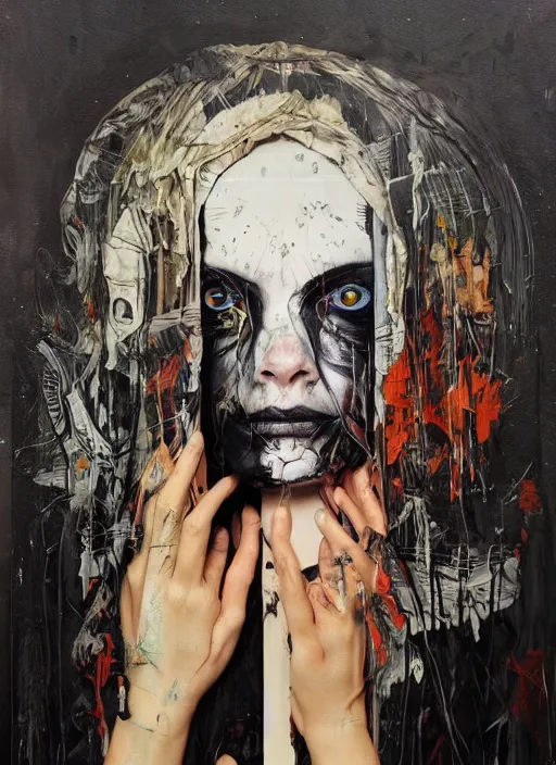 Prompt: cult magic psychic woman, subjective consciousness psychedelic, epic surrealism expressionism symbolism story iconic, dark robed witch, oil painting, robe, symmetrical face, greek dark myth, by Sandra Chevrier, Nicola Samori masterpiece