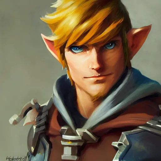 Image similar to greg manchess portrait painting of link from legend of zelda as overwatch character, medium shot, asymmetrical, profile picture, organic painting, sunny day, matte painting, bold shapes, hard edges, street art, trending on artstation, by huang guangjian and gil elvgren and sachin teng