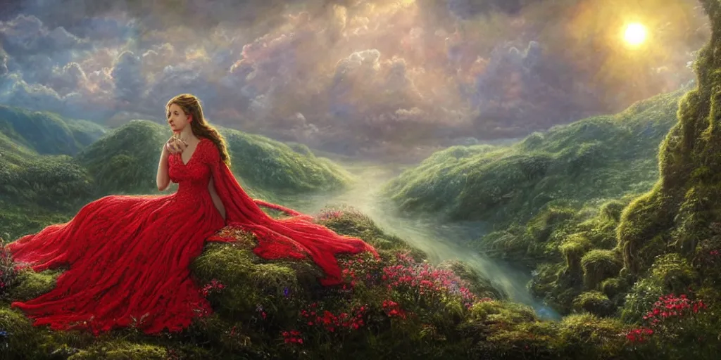 Image similar to an elegant fairy queen in a red lace dress sitting and looking out at a lord of the rings scenery landscape, vast lush valley flowers and giant mushroom structures, river, sunrise, god's rays highly detailed, vivid colour, soft clouds, floral sunset, cinematic lighting, perfect composition, 8 k, gustave dore, derek zabrocki, greg rutkowski, belsinski