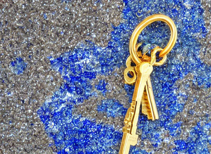 Image similar to close up of a gold and sapphire key, high detail, complex