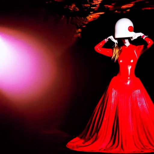 Prompt: female fashion model in year 3000 in a cave, model wearing a surreal Avant-garde helmet in red, dramatic lighting,photography , official Versace editorial , highly detailed