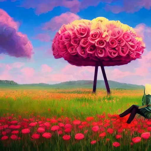 Image similar to giant rose flower head, full body girl sitting in a flower field, surreal photography, sunrise, dramatic light, impressionist painting, colorful clouds, digital painting, artstation, simon stalenhag