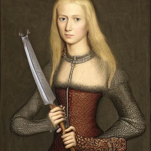 Image similar to intricate detailed portrait of a beautiful blonde noble woman from the 13th century holding a ceremonial greatsword, high quality, breathtaking, somber, photo realism.