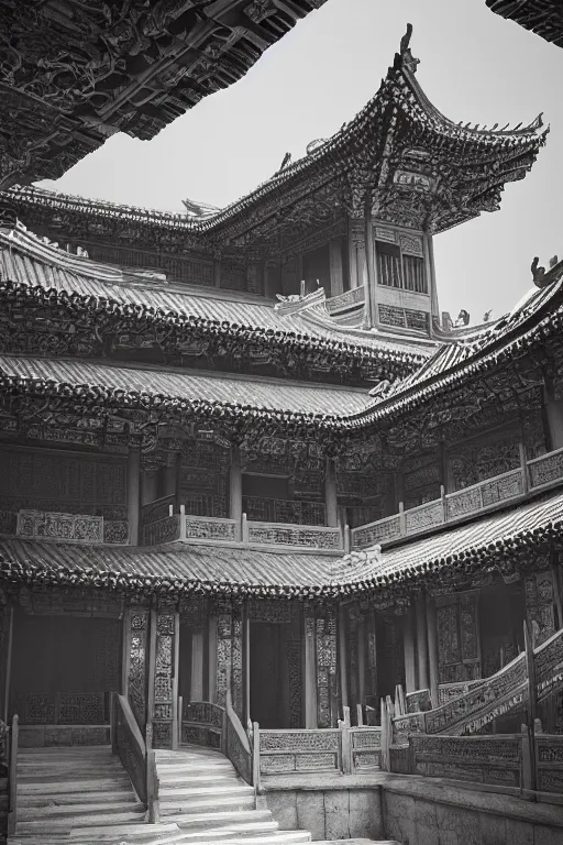 Image similar to antique chinese celestial palace, portrait, powerfull, intricate, elegant, black and white volumetric lighting, scenery, digital painting, highly detailed, artstation, sharp focus, illustration, concept art, ruan jia, steve mccurry