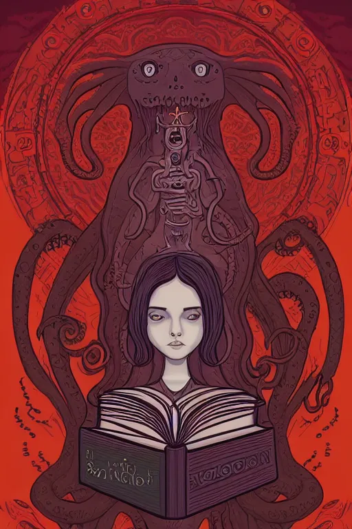 Image similar to ai illustration of romantic girl, her cat and her book of necronomicon, symmetrical, cinematic, sharp focus, 4 k, ultra hd, sense of awe, sinister demonic atmosphere, dreadful, forbidden knowledge, old gods, cthulhu, yog - sothoth! yah, yah, yah! cultist journal cover