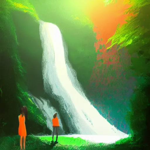 Prompt: a woman stands in front of a waterfall, green and orange color scheme, morning, artstation,