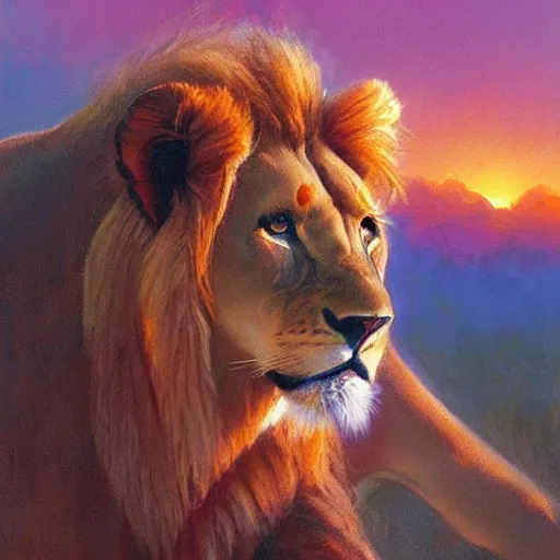 Image similar to spiritual twin flame lioness and lion art pink sunset hue highly detailed oil painting hue by craig mullins