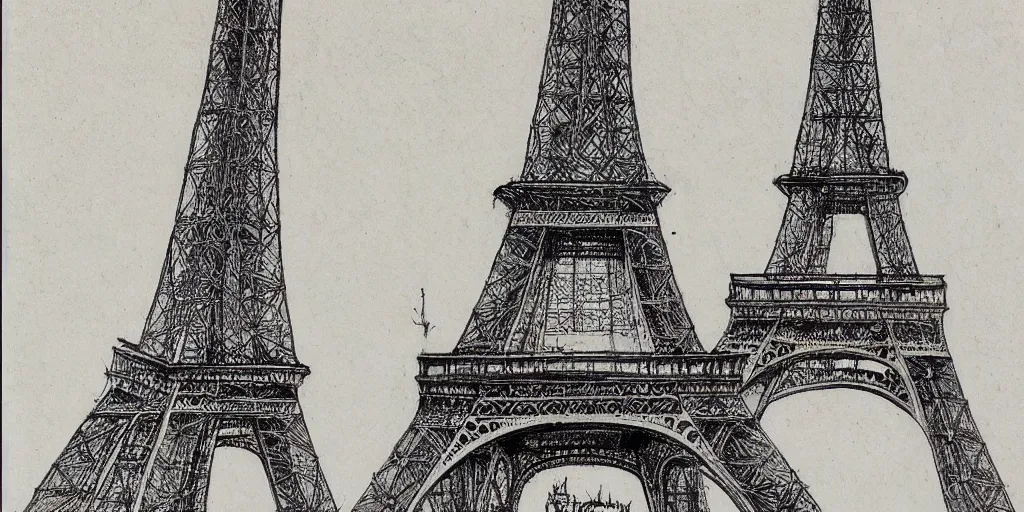 Image similar to architectural design studies of Eiffel Tower, different closeup view, drawn by Leonardo da vinci, ink draw, artistic, intricated