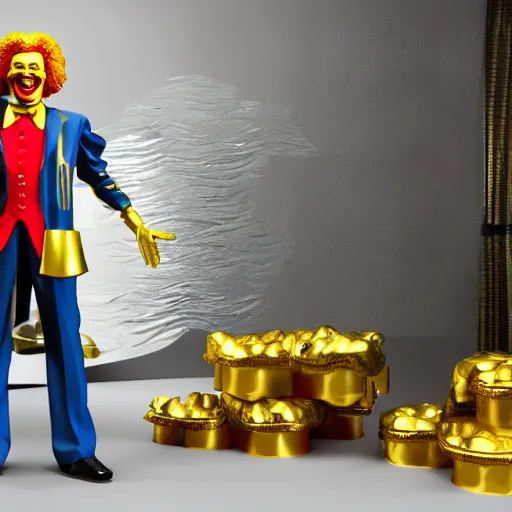 Image similar to A still of Ronald McDonald surrounded by gold and diamonds, Award-winning, photograph, 3d render, unreal engine, 4k detailed