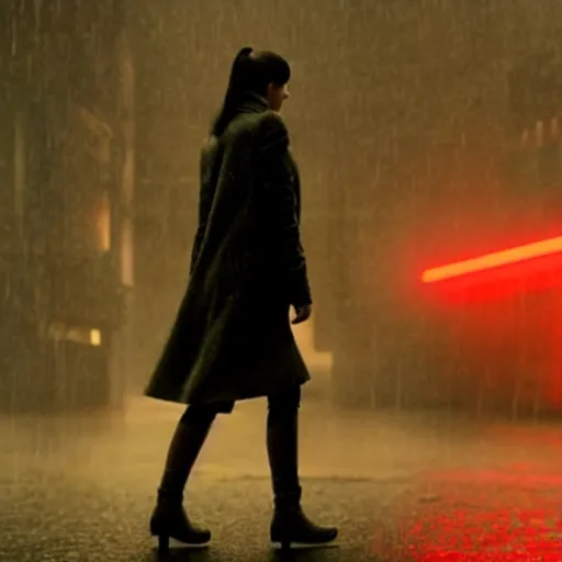 Image similar to a girl walking in a rainy city, still from bladerunner 2049, cinematic