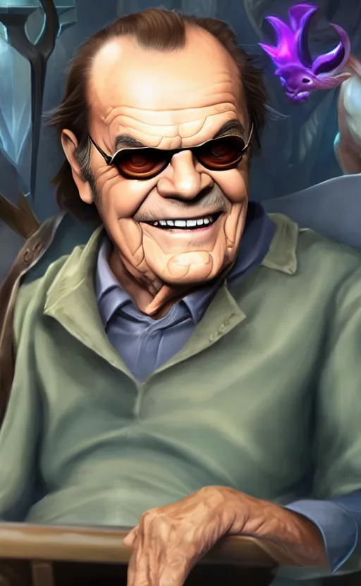 Image similar to Jack Nicholson as a character in the game League of Legends, with a background based on the game League of Legends, detailed face, old 3d graphics