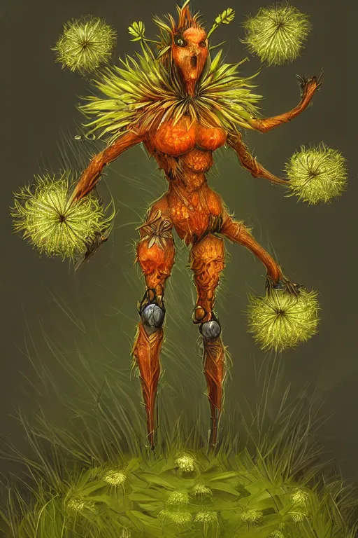 Image similar to a humanoid figure dandelion moss plant monster thistle armour, orange eyes, highly detailed, digital art, sharp focus, trending on art station, anime art style