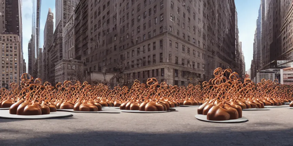 Prompt: a photograph of a giant choclate eclair sculpture in the center of a new york street, a large crowd have gathered, by Claes Oldenburg, pop art, 3D render, Volumetric dynamic lighting, Highly Detailed, Cinematic Lighting, Unreal Engine, 8k, HD