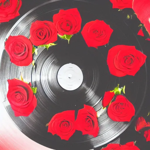 Prompt: red roses on a vinyl record, dark photograph