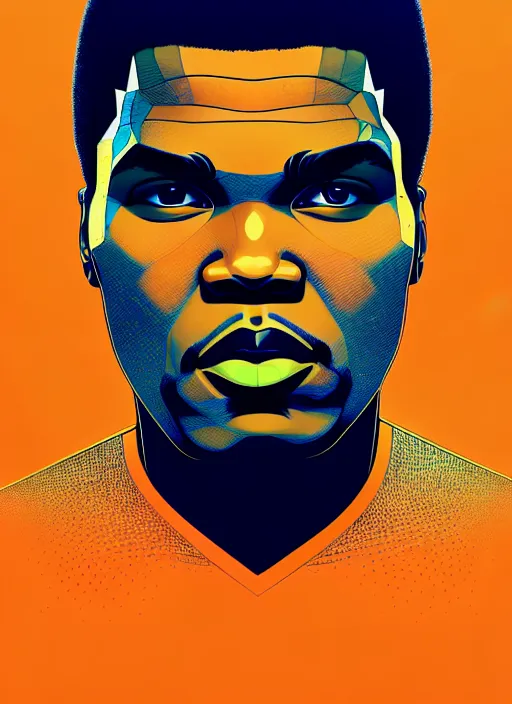 Image similar to portrait of muhammad ali, artstation winner by victo ngai, kilian eng and by jake parker, by conrad roset, black and orange color lines, winning award masterpiece, fantastically gaudy, aesthetic octane render, 8 k hd resolution