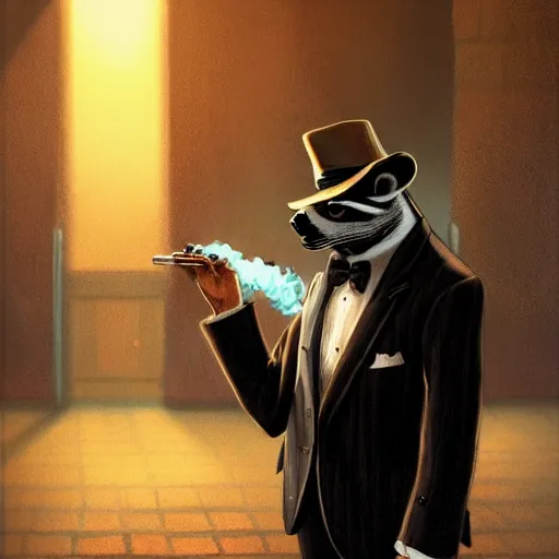 Image similar to a racoon wearing a suit smoking a cigar, dramatic lighting, cinematic, establishing shot, extremly high detail, photorealistic, cinematic lighting, artstation, style by James Gurney