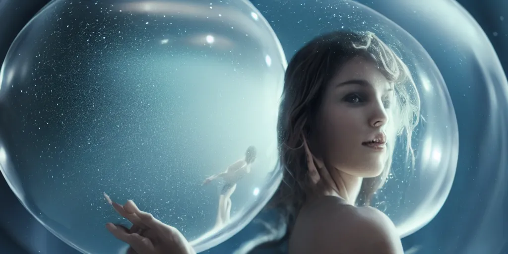 Image similar to a beautiful woman swimming inside a bubble spherical celestial biomechanics, 1 6 k, photorealistic, cinematic composition, movie concept art, cinematic composition 8 k, intricate detail, high detail, hd, octane render, unreal engine, v - ray, cinematic lighting, octane, volumetric lighting, dark moody lighting, atmosphere, smoke, fog, matte painting, extreme long shot