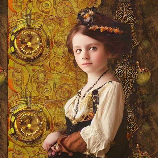 Prompt: a beautiful steampunk victorian girl child in front of a gustav klimt wallpaper by android jones, detailed matte painting, 8k resolution